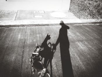 High angle view of men shadow on floor