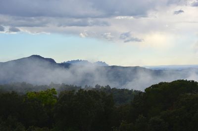 Scenic view of trees and mountains against sky