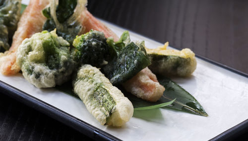 Close-up of tempura in plate on table