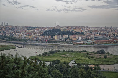 High angle view of townscape against sky