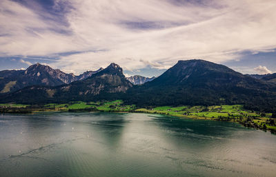 Scenic view of lake by mountains against sky