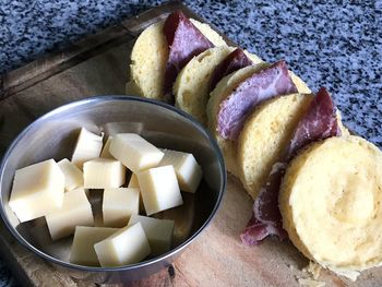 High angle view of chopped slices in plate on table