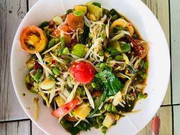 High angle view of salad in plate on table