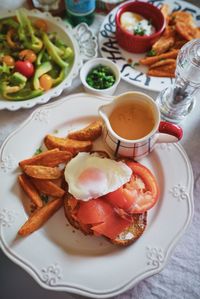 High angle view of breakfast served on table