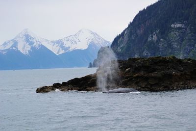 Scenic view of sea and mountains against sky