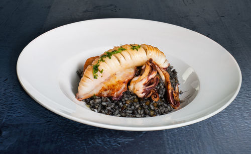 High angle view of food in plate on table