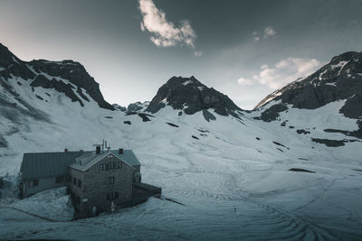 Scenic view of snowcapped mountains against sky during winter