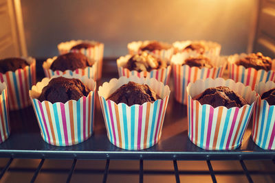 Close-up of cupcakes in oven