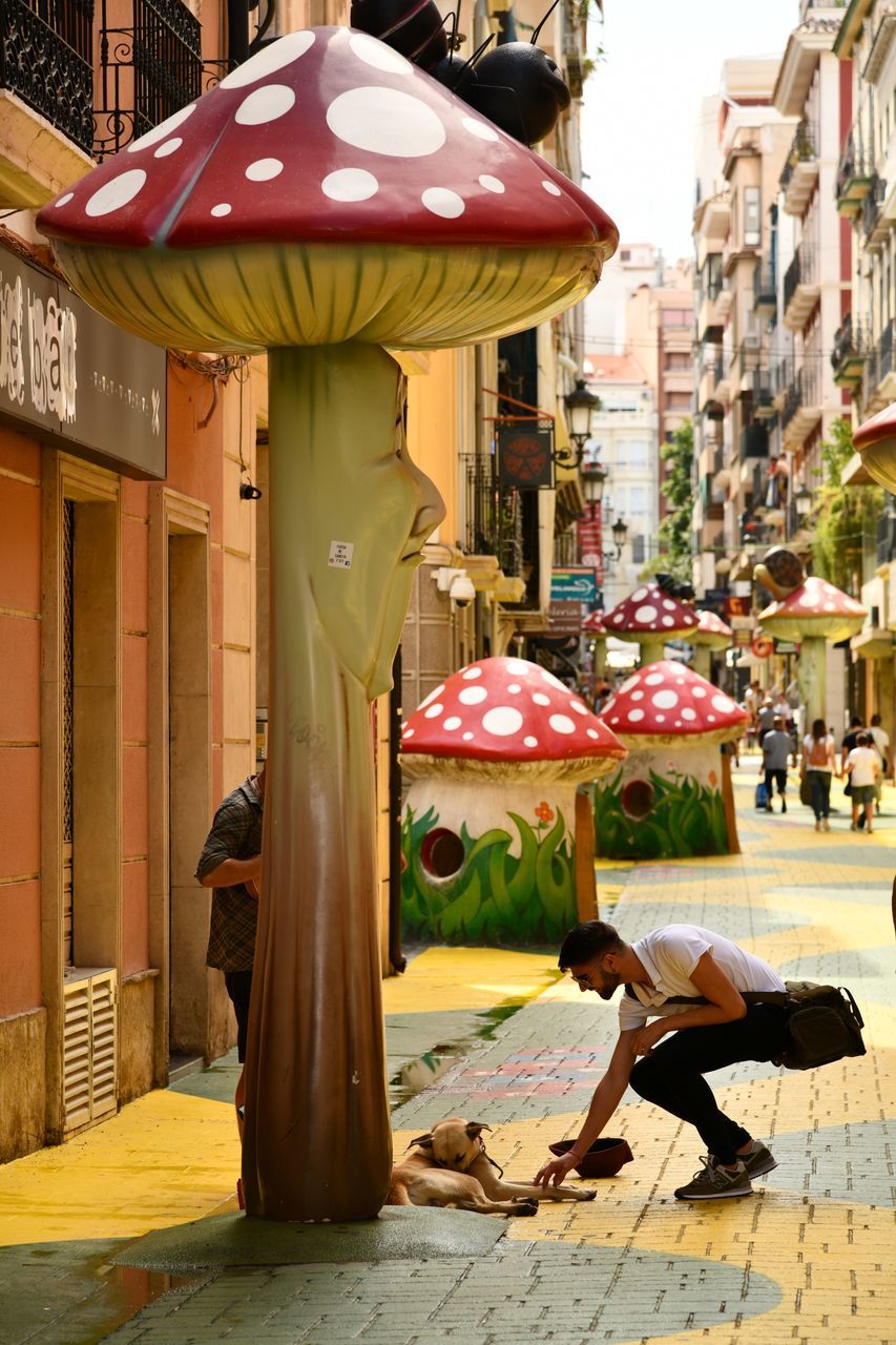 PEOPLE ON STREET WITH BUILDINGS IN CITY