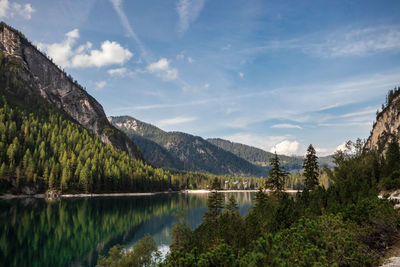 Scenic view of lake by mountains against sky