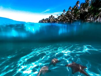 Swimming pool by sea against blue sky