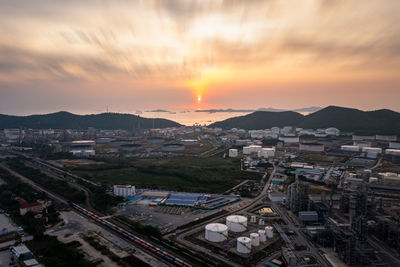 Aerial view of factory zone oil crude and gas industry - refinery stores tank and petrochemical 