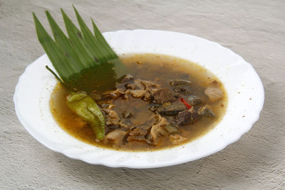 High angle view of soup in bowl on table