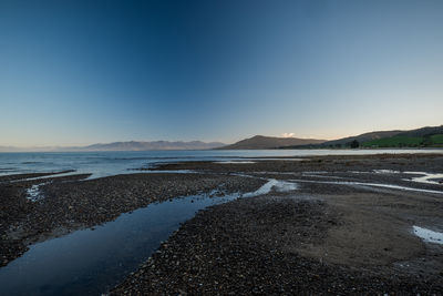 Scenic view of beach against clear blue sky