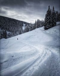 Snow covered landscape against sky