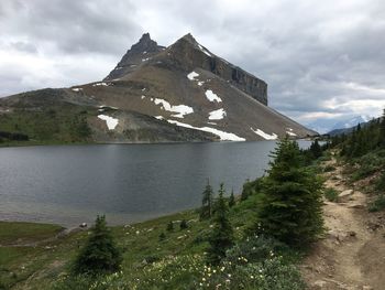 Scenic view of lake by mountain against sky