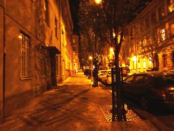 Cars parked on street at night