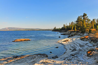 Scenic view of lake against clear blue sky