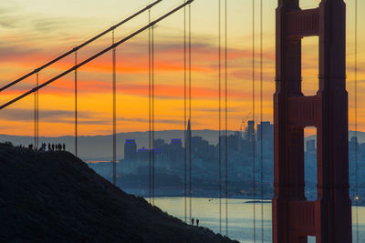 Close-up of suspension bridge against sky during sunset