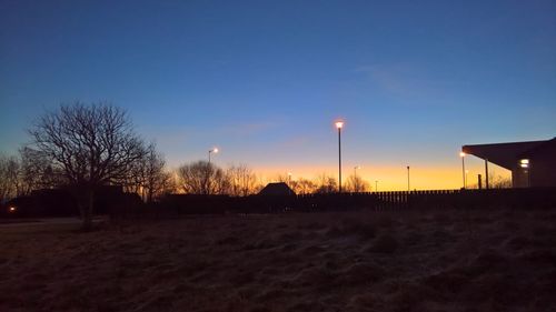Bare trees against sky during sunset