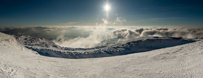 Scenic view of snowcapped mountains against sky