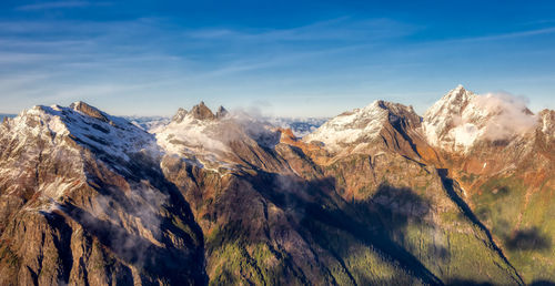 Panoramic view of snowcapped mountains against sky