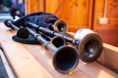 Close-up of musical equipment on table