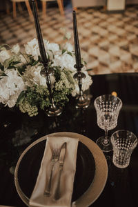 High angle view of glasses on table