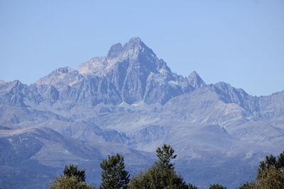 Scenic view of snowcapped mountains against clear sky