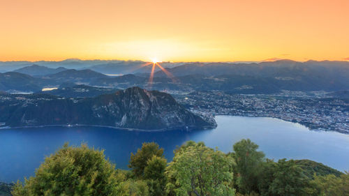 Scenic view of mountains against sky during sunset