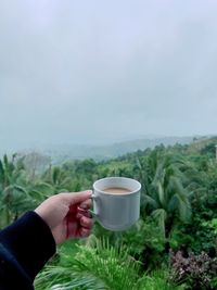 Hand holding coffee cup against clear sky