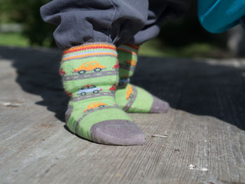 Low section of man standing on wood