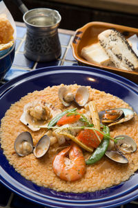 High angle view of food served on table