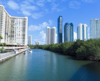 River amidst buildings against blue sky