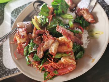 High angle view of salad in plate on table