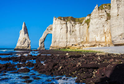View of rock formations against clear blue sky