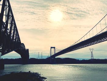 View of suspension bridge against cloudy sky