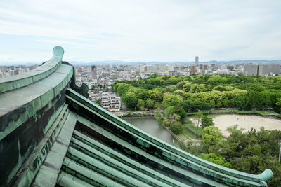 High angle view of river amidst buildings against sky