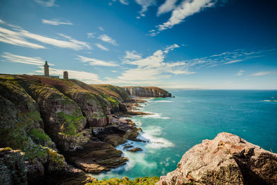 Scenic view of sea and mountains against blue sky