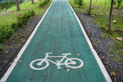 High angle view of text on road