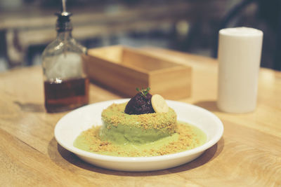 Close-up of dessert served on table