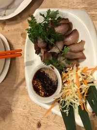 High angle view of meal served on table