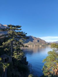 Scenic view of lake against clear blue sky