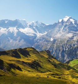 Scenic view of snowcapped mountains against clear sky