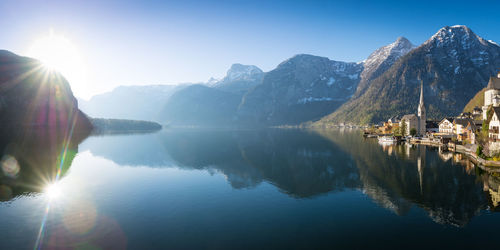 Scenic view of lake and mountains against sky