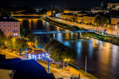 High angle view of illuminated city at night