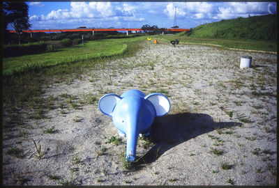 Blue umbrella on field against sky