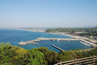 High angle view of sea against clear sky