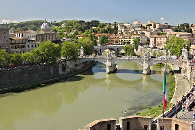 Arch bridge over river against buildings in city