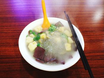 High angle view of soup in bowl on table